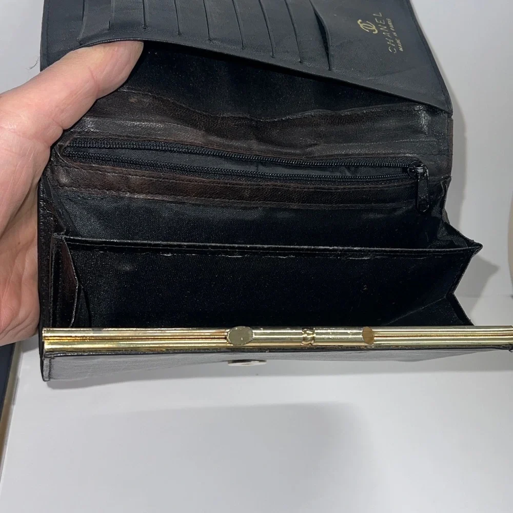Black Leather Long Bifold Snap Clutch Wallet